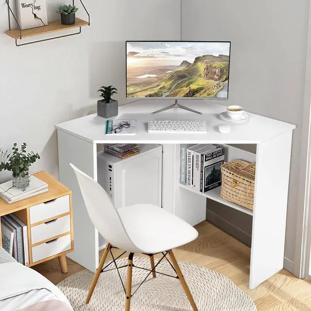 Alt view image 2 of 7 - COSTWAY Corner Computer Desk, Space-Saving Triangular Writing Desk w/ 2 Storage Shelves & 2 Cable Holes, Multi-Functional Console Table for Small Space in Home Office, Living Room, Bedroom (White)
