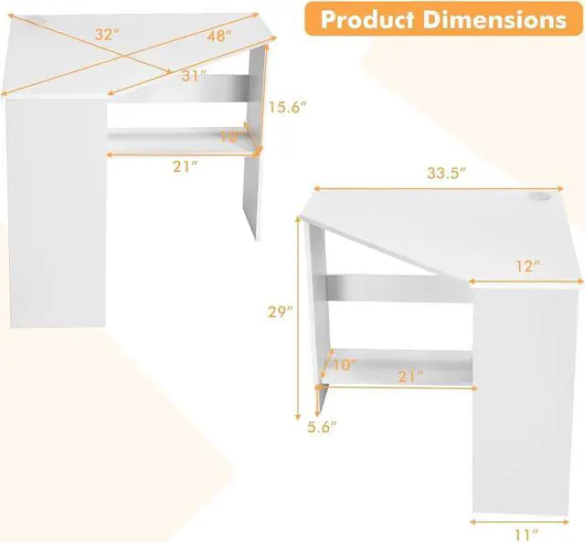Alt view image 3 of 7 - COSTWAY Corner Computer Desk, Space-Saving Triangular Writing Desk w/ 2 Storage Shelves & 2 Cable Holes, Multi-Functional Console Table for Small Space in Home Office, Living Room, Bedroom (White)