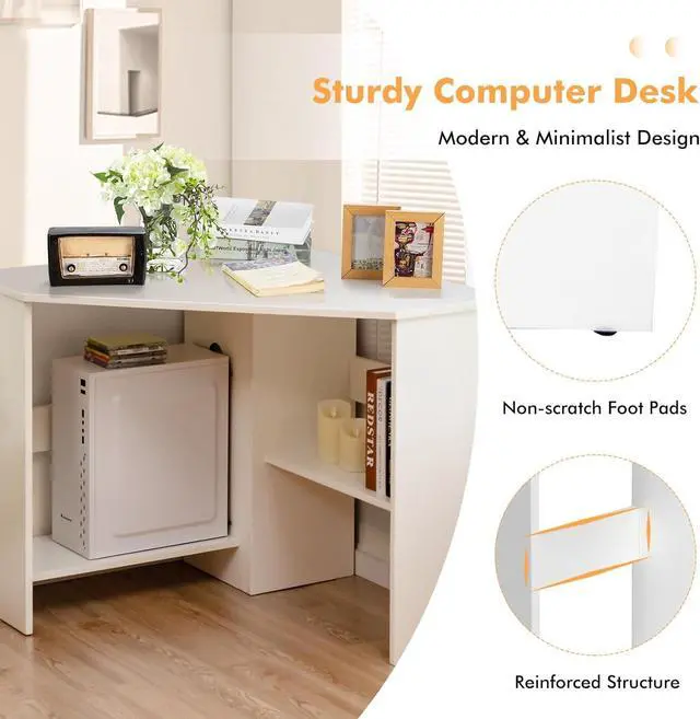 Alt view image 4 of 7 - COSTWAY Corner Computer Desk, Space-Saving Triangular Writing Desk w/ 2 Storage Shelves & 2 Cable Holes, Multi-Functional Console Table for Small Space in Home Office, Living Room, Bedroom (White)