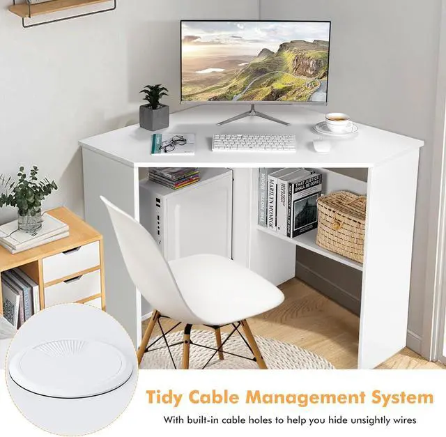 Alt view image 5 of 7 - COSTWAY Corner Computer Desk, Space-Saving Triangular Writing Desk w/ 2 Storage Shelves & 2 Cable Holes, Multi-Functional Console Table for Small Space in Home Office, Living Room, Bedroom (White)