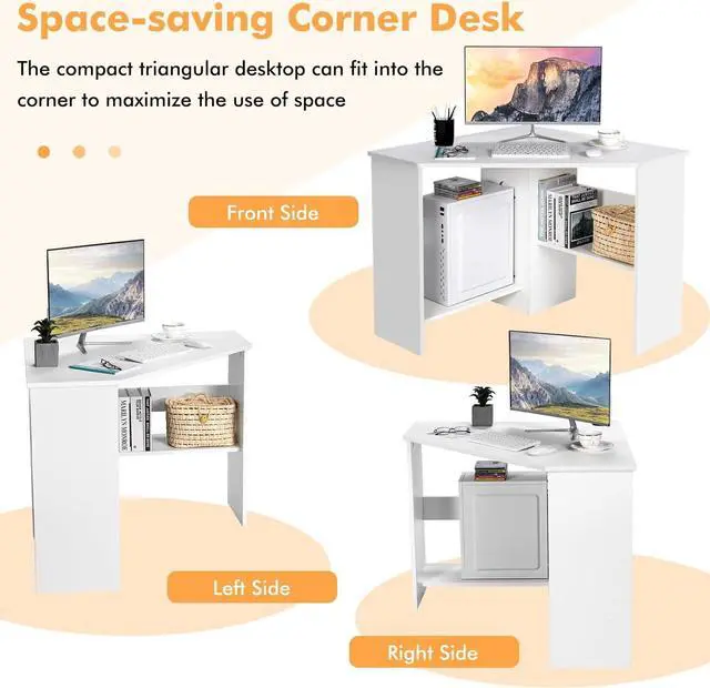 Alt view image 6 of 7 - COSTWAY Corner Computer Desk, Space-Saving Triangular Writing Desk w/ 2 Storage Shelves & 2 Cable Holes, Multi-Functional Console Table for Small Space in Home Office, Living Room, Bedroom (White)