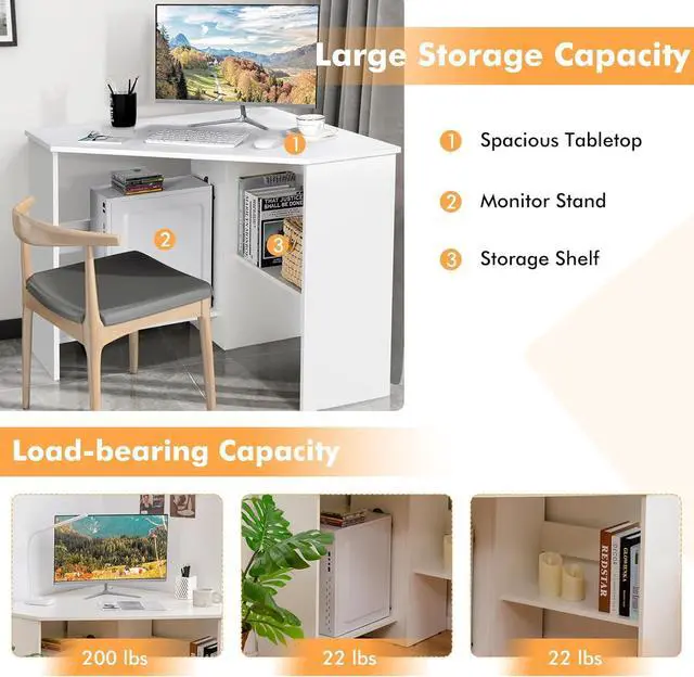 Alt view image 7 of 7 - COSTWAY Corner Computer Desk, Space-Saving Triangular Writing Desk w/ 2 Storage Shelves & 2 Cable Holes, Multi-Functional Console Table for Small Space in Home Office, Living Room, Bedroom (White)