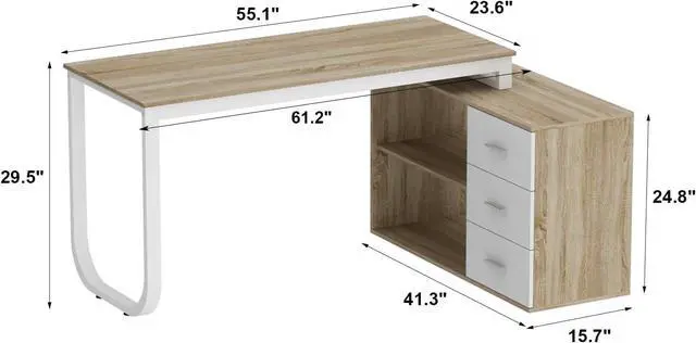 Alt view image 2 of 7 - Homsee Home Office Computer Desk Corner Desk with 3 Drawers and 2 Shelves, 55 Inch Large L-Shaped Study Writing Table with Storage Cabinet - Walnut and White