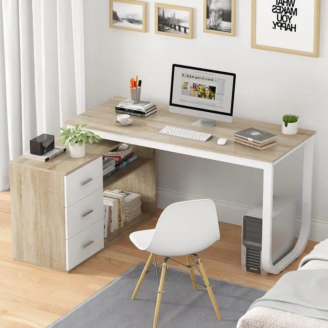 Main image of Homsee Home Office Computer Desk Corner Desk with 3 Drawers and 2 Shelves, 55 Inch Large L-Shaped Study Writing Table with Storage Cabinet - Walnut and White
