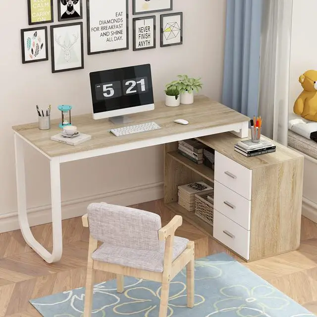 Alt view image 3 of 7 - Homsee Home Office Computer Desk Corner Desk with 3 Drawers and 2 Shelves, 55 Inch Large L-Shaped Study Writing Table with Storage Cabinet - Walnut and White