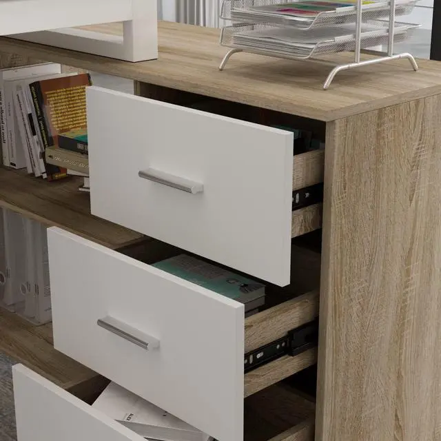 Alt view image 6 of 7 - Homsee Home Office Computer Desk Corner Desk with 3 Drawers and 2 Shelves, 55 Inch Large L-Shaped Study Writing Table with Storage Cabinet - Walnut and White