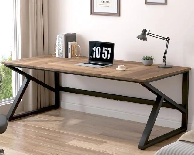 Alt view image 4 of 7 - IBF Large Computer Desk, Rustic 70 Inch Long Home Office Metal Wood Desk, Industrial Big 2 Person Desk Table for Executive Writing Study Gaming Workstation, Farmhouse Bedroom PC Laptop Double Desk
