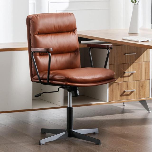 Main image of Okeysen Office Desk Chair No Wheels, Swivel Chair with Retro Wooden Armrests, Criss Cross Legged Armless Computer Chair for Home Office, Mid Century Modern Adjustable Task Chair with Thick Cushion