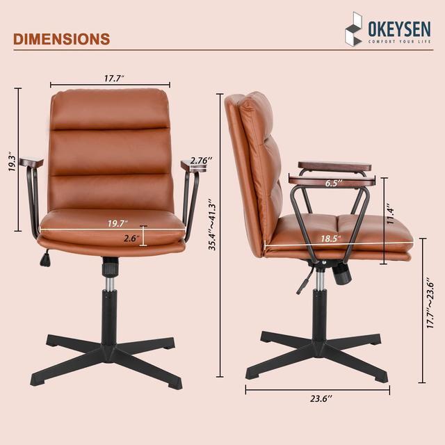 Alt view image 2 of 7 - Okeysen Office Desk Chair No Wheels, Swivel Chair with Retro Wooden Armrests, Criss Cross Legged Armless Computer Chair for Home Office, Mid Century Modern Adjustable Task Chair with Thick Cushion
