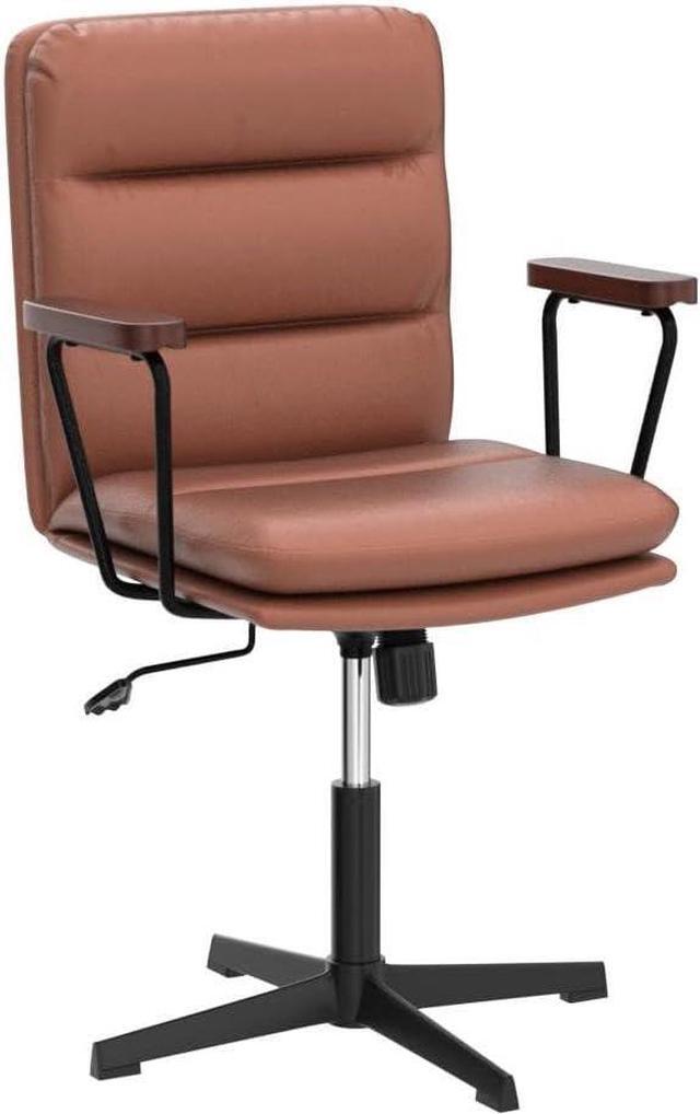Alt view image 4 of 7 - Okeysen Office Desk Chair No Wheels, Swivel Chair with Retro Wooden Armrests, Criss Cross Legged Armless Computer Chair for Home Office, Mid Century Modern Adjustable Task Chair with Thick Cushion