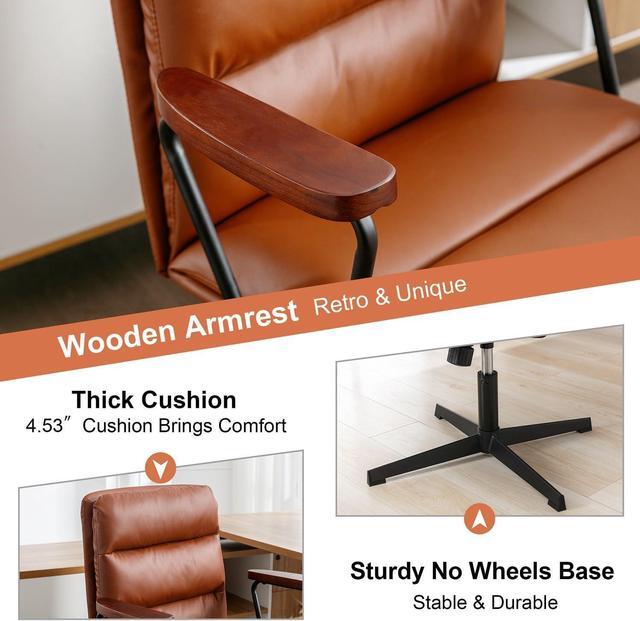 Alt view image 3 of 7 - Okeysen Office Desk Chair No Wheels, Swivel Chair with Retro Wooden Armrests, Criss Cross Legged Armless Computer Chair for Home Office, Mid Century Modern Adjustable Task Chair with Thick Cushion