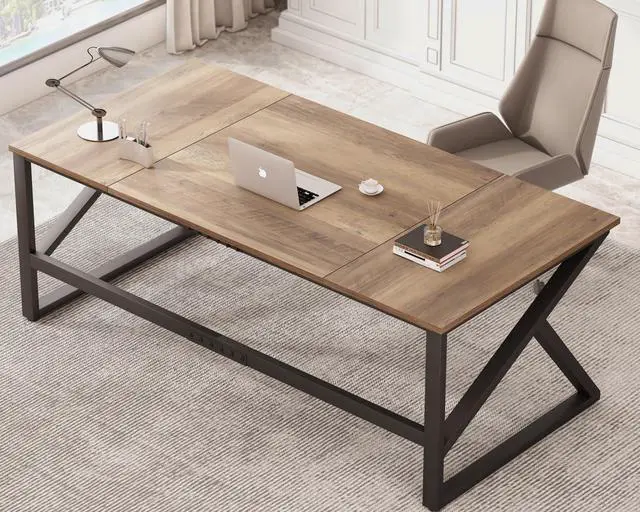 Alt view image 3 of 7 - IBF Large Computer Desk, Rustic 70 Inch Long Home Office Metal Wood Desk, Industrial Big 2 Person Desk Table for Executive Writing Study Gaming Workstation, Farmhouse Bedroom PC Laptop Double Desk