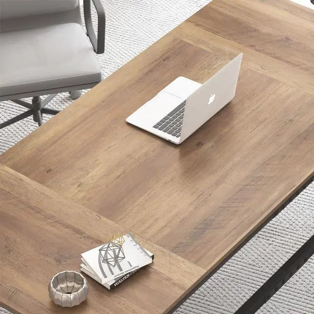 Alt view image 6 of 7 - IBF Large Computer Desk, Rustic 70 Inch Long Home Office Metal Wood Desk, Industrial Big 2 Person Table for Executive Writing Study Gaming Workstation, Farmhouse Bedroom PC Laptop Double Desk