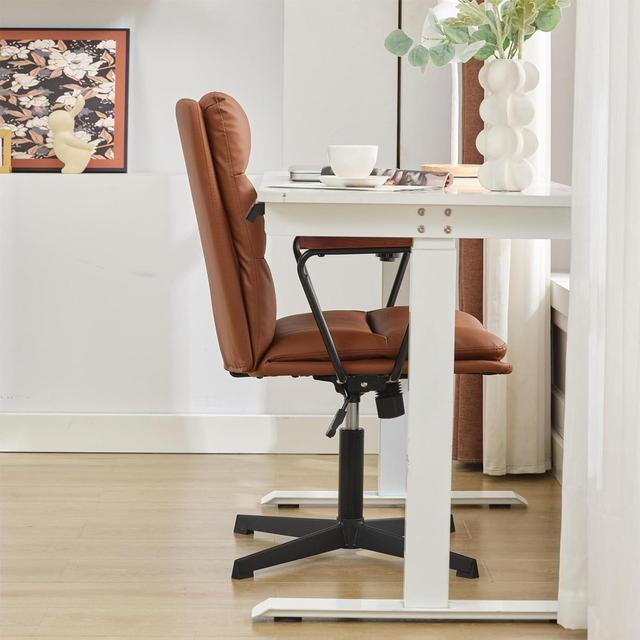 Alt view image 5 of 7 - Okeysen Office Desk Chair No Wheels, Swivel Chair with Retro Wooden Armrests, Criss Cross Legged Armless Computer Chair for Home Office, Mid Century Modern Adjustable Task Chair with Thick Cushion