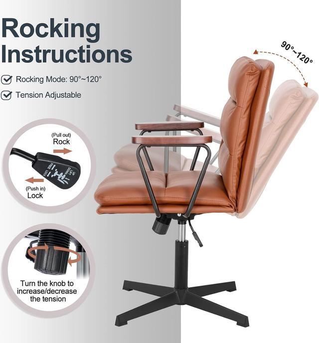Alt view image 6 of 7 - Okeysen Office Desk Chair No Wheels, Swivel Chair with Retro Wooden Armrests, Criss Cross Legged Armless Computer Chair for Home Office, Mid Century Modern Adjustable Task Chair with Thick Cushion