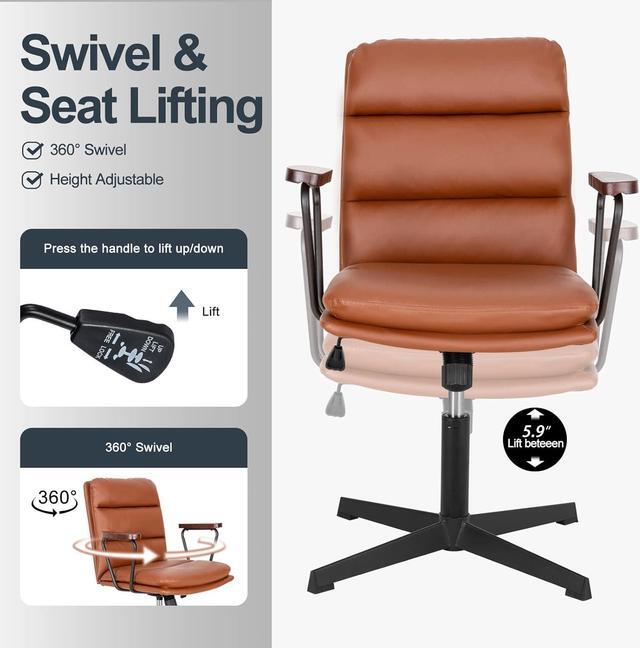 Alt view image 7 of 7 - Okeysen Office Desk Chair No Wheels, Swivel Chair with Retro Wooden Armrests, Criss Cross Legged Armless Computer Chair for Home Office, Mid Century Modern Adjustable Task Chair with Thick Cushion