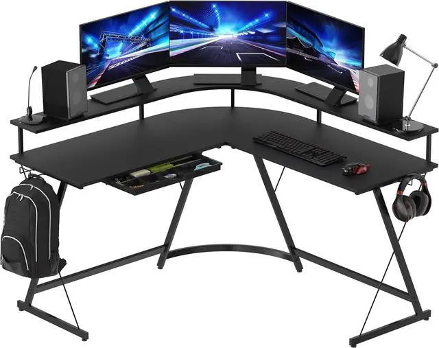 Main image of SHW L Shaped Gaming Desk with Full Around Monitor Stand and Drawer, Black