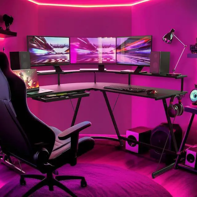Alt view image 4 of 7 - SHW L Shaped Gaming Desk with Full Around Monitor Stand and Drawer, Black
