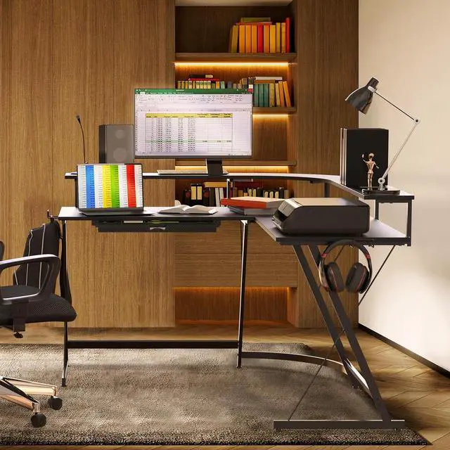 Alt view image 5 of 7 - SHW L Shaped Gaming Desk with Full Around Monitor Stand and Drawer, Black