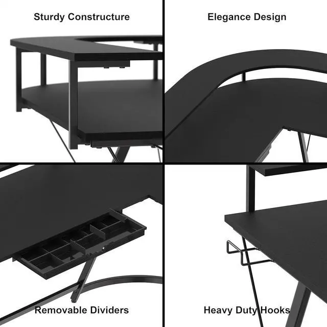 Alt view image 6 of 7 - SHW L Shaped Gaming Desk with Full Around Monitor Stand and Drawer, Black