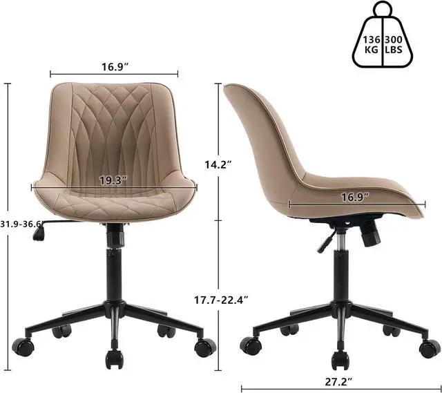 Alt view image 2 of 7 - YOUNIKE Khaki Ergonomic Home Office Desk Chair No Arms Comfy Small Criss Cross Chair with Wheels Swivel Adjustable Modern Vanity Chair High Back Armless Cute Leather Upholstered Rolling Task Chair