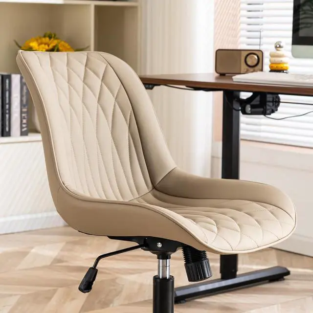 Alt view image 3 of 7 - YOUNIKE Khaki Ergonomic Home Office Desk Chair No Arms Comfy Small Criss Cross Chair with Wheels Swivel Adjustable Modern Vanity Chair High Back Armless Cute Leather Upholstered Rolling Task Chair