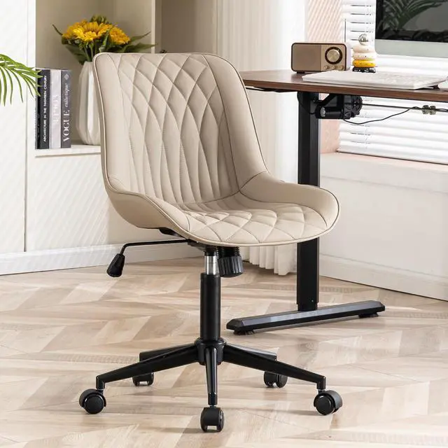 Alt view image 7 of 7 - YOUNIKE Khaki Ergonomic Home Office Desk Chair No Arms Comfy Small Criss Cross Chair with Wheels Swivel Adjustable Modern Vanity Chair High Back Armless Cute Leather Upholstered Rolling Task Chair