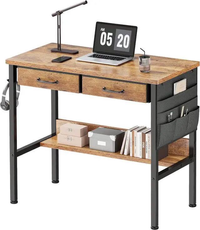 Main image of Small Desk with Drawers for Bedroom, Small Vanity Desk Without Mirror, 31.5inch, Writing Desk with Bookshelf, Computer Desk with Storage Drawers, Vanity Table no Mirror Rustic Brown
