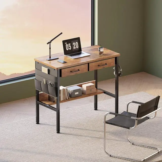 Alt view image 2 of 7 - Small Desk with Drawers for Bedroom, Small Vanity Desk Without Mirror, 31.5inch, Writing Desk with Bookshelf, Computer Desk with Storage Drawers, Vanity Table no Mirror Rustic Brown