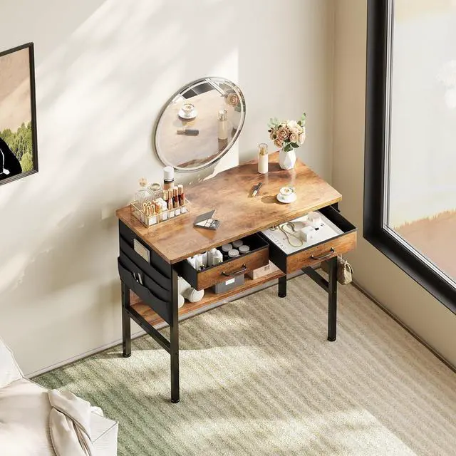 Alt view image 4 of 7 - Small Desk with Drawers for Bedroom, Small Vanity Desk Without Mirror, 31.5inch, Writing Desk with Bookshelf, Computer Desk with Storage Drawers, Vanity Table no Mirror Rustic Brown