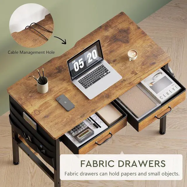 Alt view image 5 of 7 - Small Desk with Drawers for Bedroom, Small Vanity Desk Without Mirror, 31.5inch, Writing Desk with Bookshelf, Computer Desk with Storage Drawers, Vanity Table no Mirror Rustic Brown