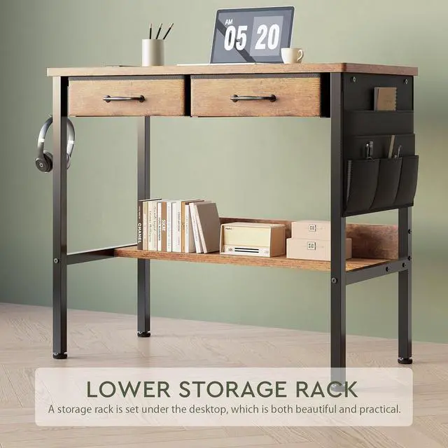 Alt view image 6 of 7 - Small Desk with Drawers for Bedroom, Small Vanity Desk Without Mirror, 31.5inch, Writing Desk with Bookshelf, Computer Desk with Storage Drawers, Vanity Table no Mirror Rustic Brown