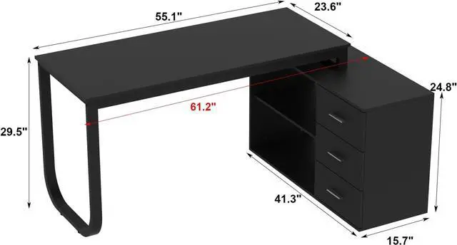 Alt view image 2 of 7 - Homsee Home Office Computer Desk Corner Desk with 3 Drawers and 2 Shelves, 55 Inch Large L-Shaped Study Writing Table with Storage Cabinet - Black