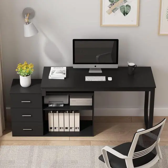 Alt view image 3 of 7 - Homsee Home Office Computer Desk Corner Desk with 3 Drawers and 2 Shelves, 55 Inch Large L-Shaped Study Writing Table with Storage Cabinet - Black