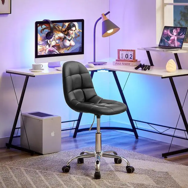 Main image of VECELO Soft Desk Chair, Stylish Casual Vanity Seat, Armless with Comfy Lumbar Support, PU Leather Hight Adjustable, 360° Rolling Swivel for Study, Work, Makeup, Weight up to 330 Lbs, Black
