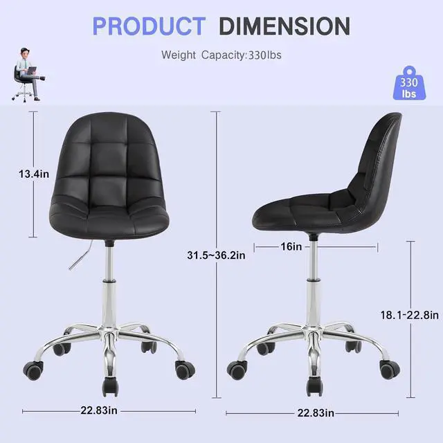 Alt view image 2 of 7 - VECELO Soft Desk Chair, Stylish Casual Vanity Seat, Armless with Comfy Lumbar Support, PU Leather Hight Adjustable, 360° Rolling Swivel for Study, Work, Makeup, Weight up to 330 Lbs, Black