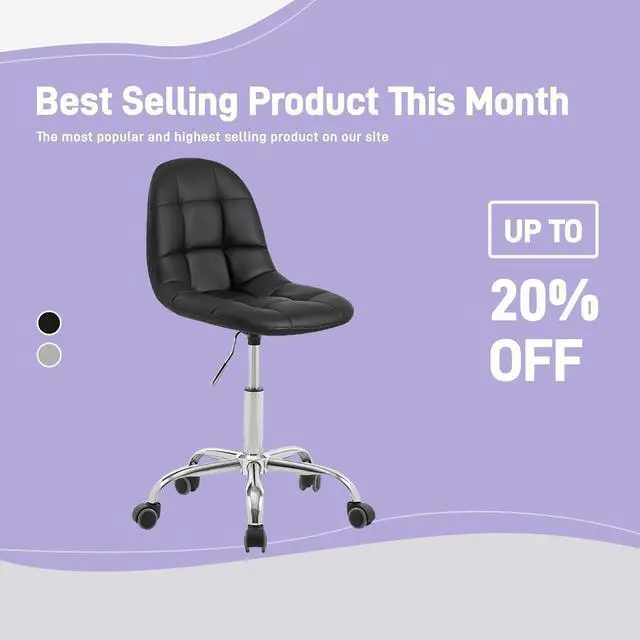 Alt view image 3 of 7 - VECELO Soft Desk Chair, Stylish Casual Vanity Seat, Armless with Comfy Lumbar Support, PU Leather Hight Adjustable, 360° Rolling Swivel for Study, Work, Makeup, Weight up to 330 Lbs, Black