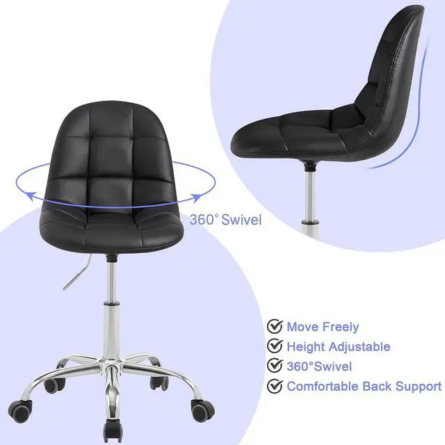 Alt view image 6 of 7 - VECELO Soft Desk Chair, Stylish Casual Vanity Seat, Armless with Comfy Lumbar Support, PU Leather Hight Adjustable, 360° Rolling Swivel for Study, Work, Makeup, Weight up to 330 Lbs, Black