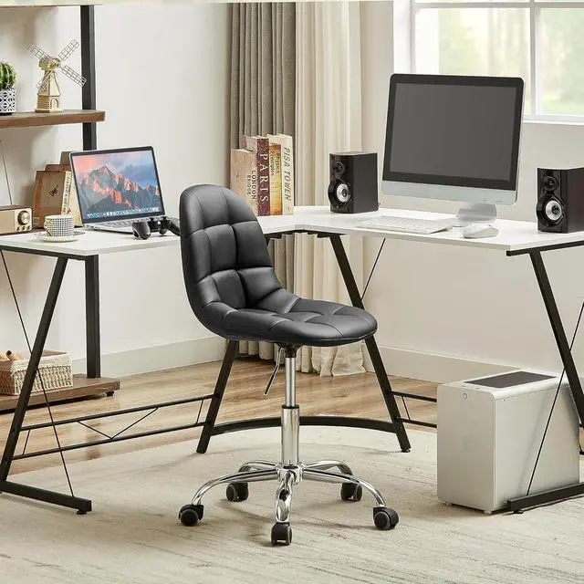 Alt view image 5 of 7 - VECELO Soft Desk Chair, Stylish Casual Vanity Seat, Armless with Comfy Lumbar Support, PU Leather Hight Adjustable, 360° Rolling Swivel for Study, Work, Makeup, Weight up to 330 Lbs, Black