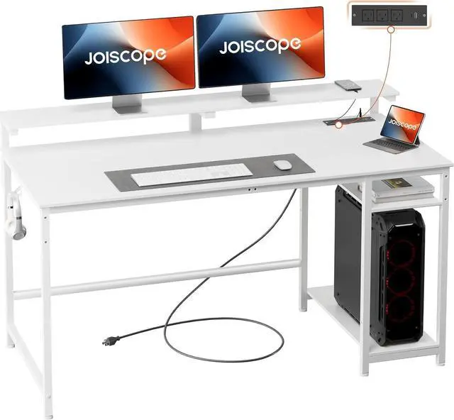 Main image of JOISCOPE Home Office Desk with Power Outlets (3AC, USB, Type-C), 55 × 20 Inch Computer Desk with Reversible Shelves, Laptop Table with Display Riser, Gaming Study Drafting Table for Bedroom, White