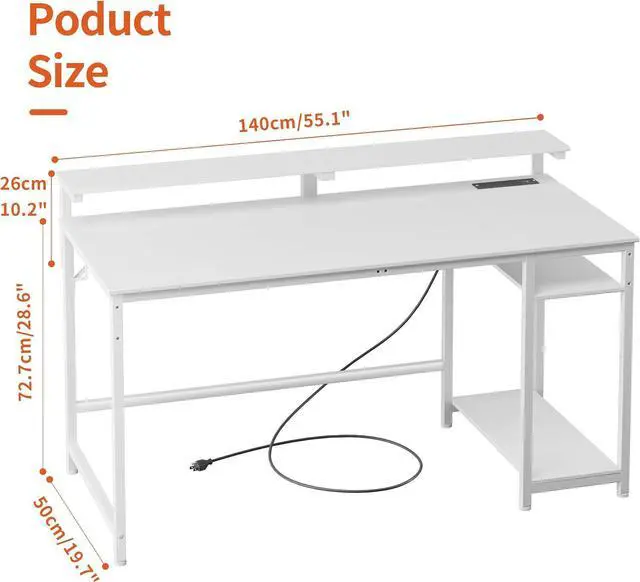 Alt view image 3 of 7 - JOISCOPE Home Office Desk with Power Outlets (3AC, USB, Type-C), 55 × 20 Inch Computer Desk with Reversible Shelves, Laptop Table with Display Riser, Gaming Study Drafting Table for Bedroom, White