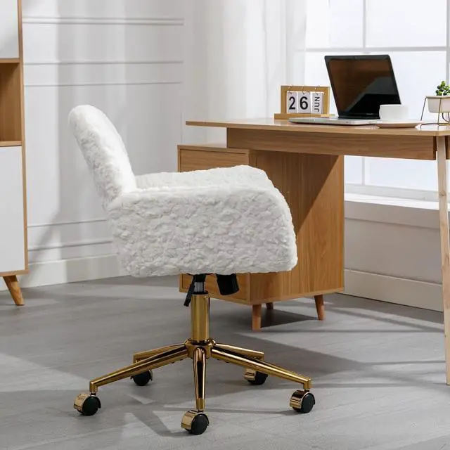 Alt view image 7 of 7 - Faux Fur Home Office Chair for Women Girl, Vanity Makeup Desk Chair with Wheels Upholstered Height Adjustable Armchair with Gold Metal Base Living Room Bedroom Office Vanity