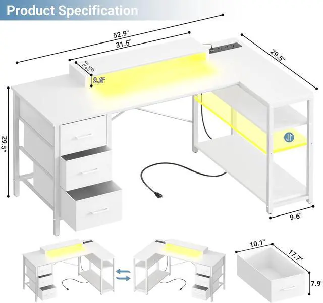 Alt view image 2 of 7 - Aheaplus 53 Inch Gaming Desk with Power Outlets & LED Lights, Reversible L Shaped Computer Desk with 3 Drawers & Monitor Stand, Home Office Desk Corner Gamer Desk with Storage Shelves, White