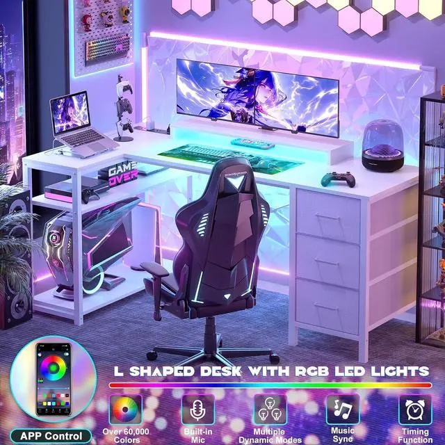 Alt view image 3 of 7 - Aheaplus 53 Inch Gaming Desk with Power Outlets & LED Lights, Reversible L Shaped Computer Desk with 3 Drawers & Monitor Stand, Home Office Desk Corner Gamer Desk with Storage Shelves, White