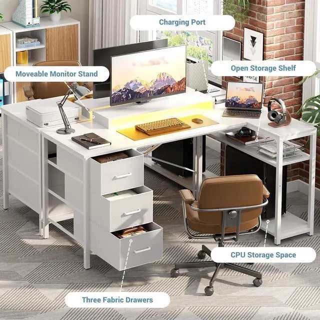 Alt view image 5 of 7 - Aheaplus 53 Inch Gaming Desk with Power Outlets & LED Lights, Reversible L Shaped Computer Desk with 3 Drawers & Monitor Stand, Home Office Desk Corner Gamer Desk with Storage Shelves, White