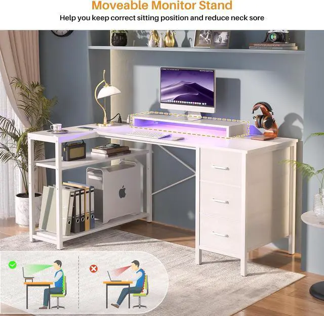 Alt view image 6 of 7 - Aheaplus 53 Inch Gaming Desk with Power Outlets & LED Lights, Reversible L Shaped Computer Desk with 3 Drawers & Monitor Stand, Home Office Desk Corner Gamer Desk with Storage Shelves, White