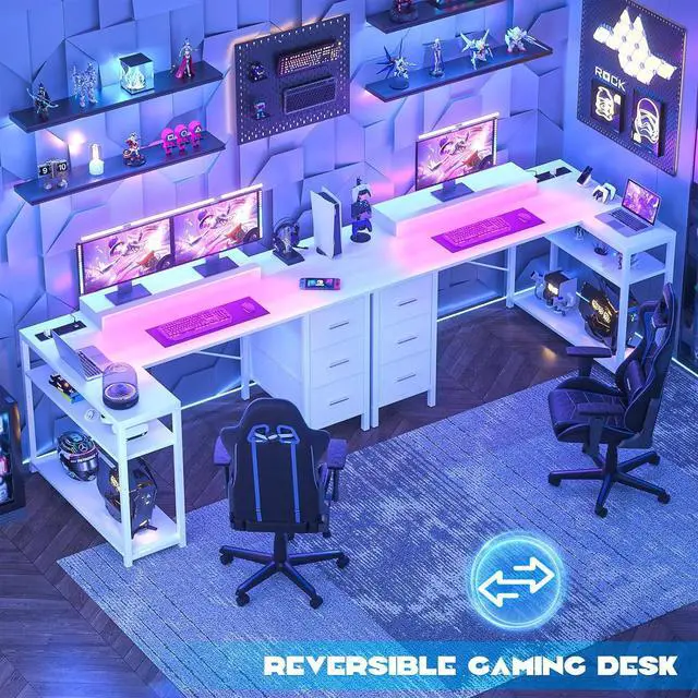 Alt view image 7 of 7 - Aheaplus 53 Inch Gaming Desk with Power Outlets & LED Lights, Reversible L Shaped Computer Desk with 3 Drawers & Monitor Stand, Home Office Desk Corner Gamer Desk with Storage Shelves, White