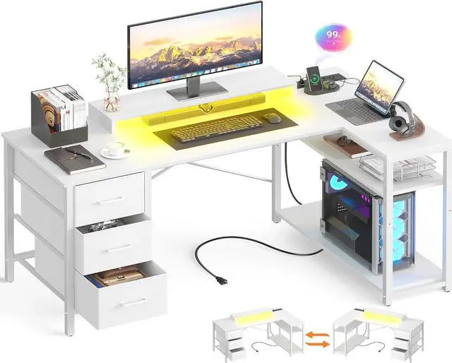 Main image of Aheaplus 53 Inch Gaming Desk with Power Outlets & LED Lights, Reversible L Shaped Computer Desk with 3 Drawers & Monitor Stand, Home Office Desk Corner Gamer Desk with Storage Shelves, White