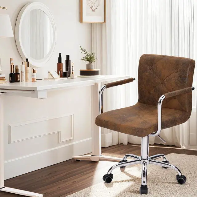 Alt view image 2 of 7 - VECELO Rolling Work Desk Chair with Swivel Wheels and Armrests PU Leather Midback Adjustable Height for Home Office/Study, Brown, Set of 1