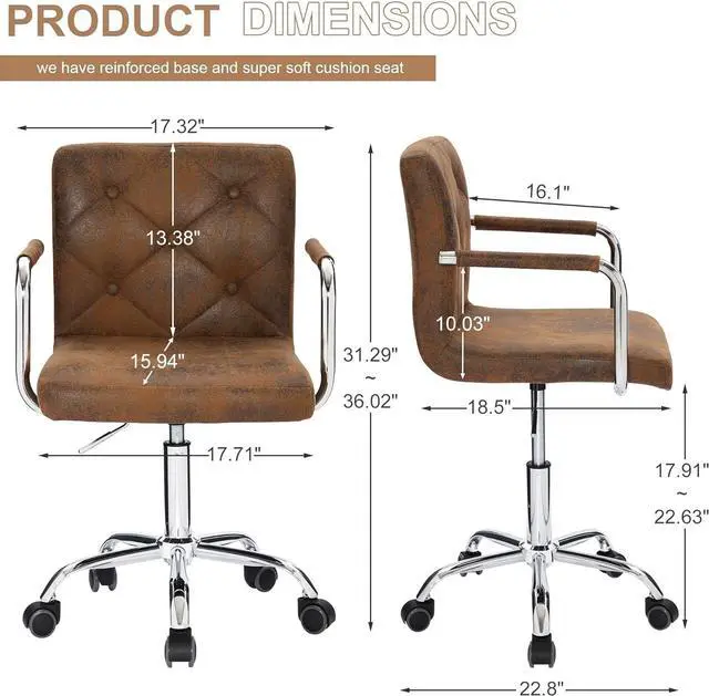 Alt view image 3 of 7 - VECELO Rolling Work Desk Chair with Swivel Wheels and Armrests PU Leather Midback Adjustable Height for Home Office/Study, Brown, Set of 1